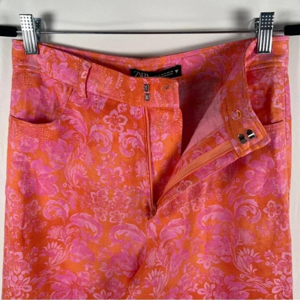 NWT ZARA LINEN Blend Trousers High Rise Straight Floral Pants‎ 8042/010 Sz S